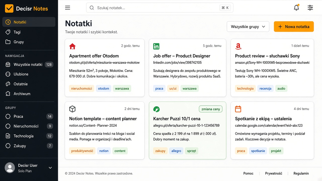 Przykładowy ekran listy notatek Decisr Notes